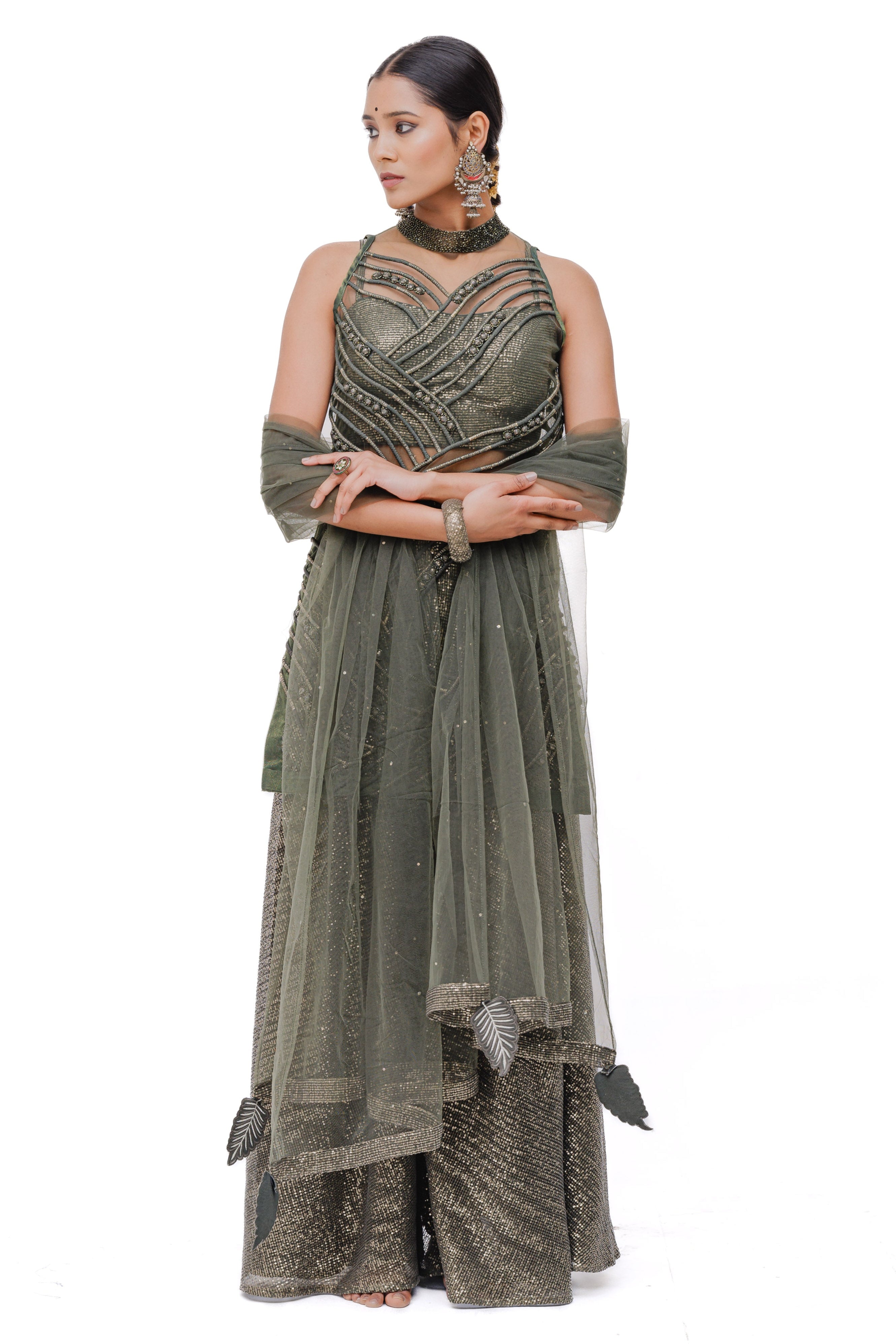 PEARL ZADE SHARARA SET (olive)