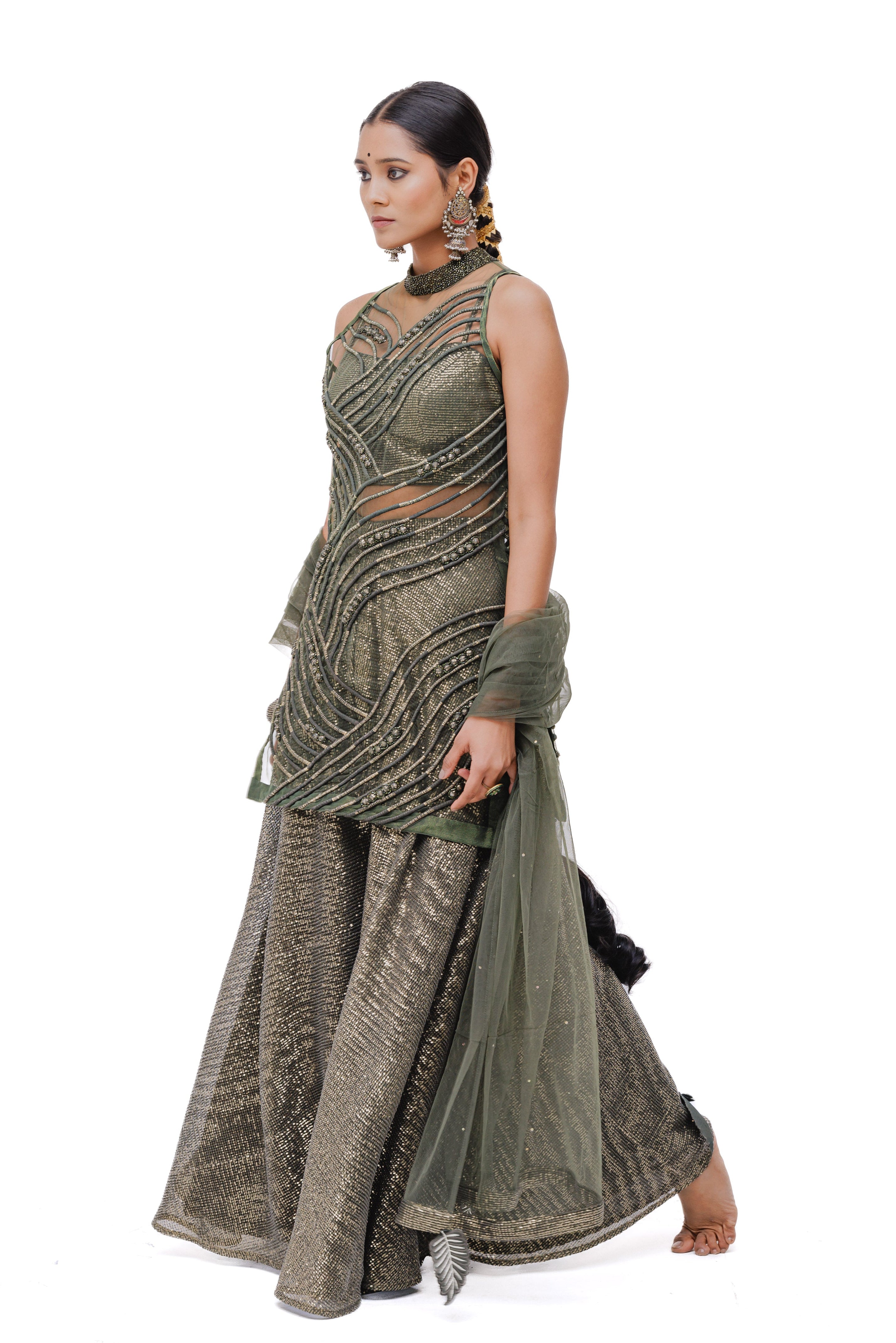 PEARL ZADE SHARARA SET (olive)