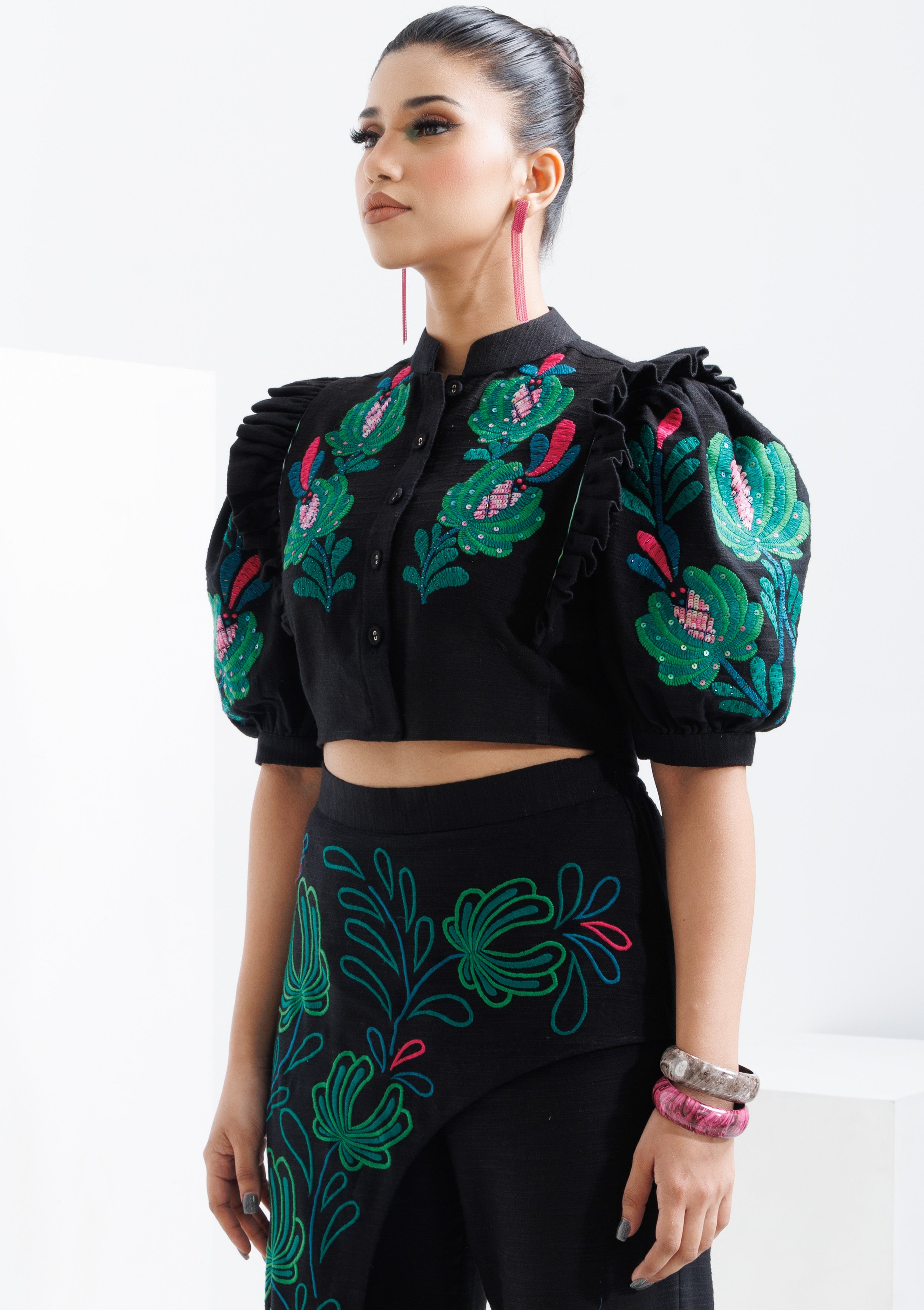 SHADOW BLOOM FLAP PANTS & BLOUSE SET - The Silk Love