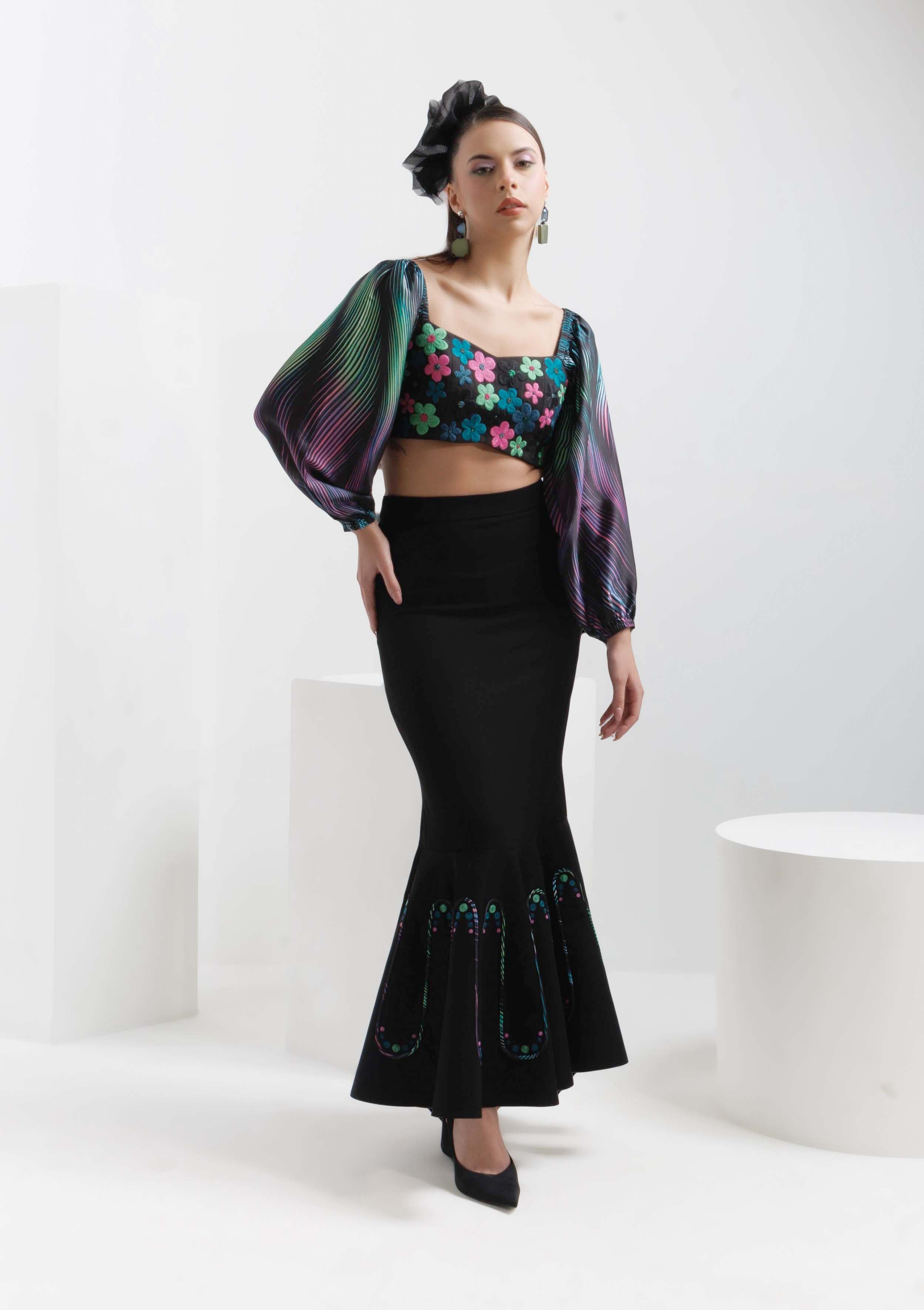 WAVES MERMAID SKIRT & POPPY CROP TOP SET - The Silk Love