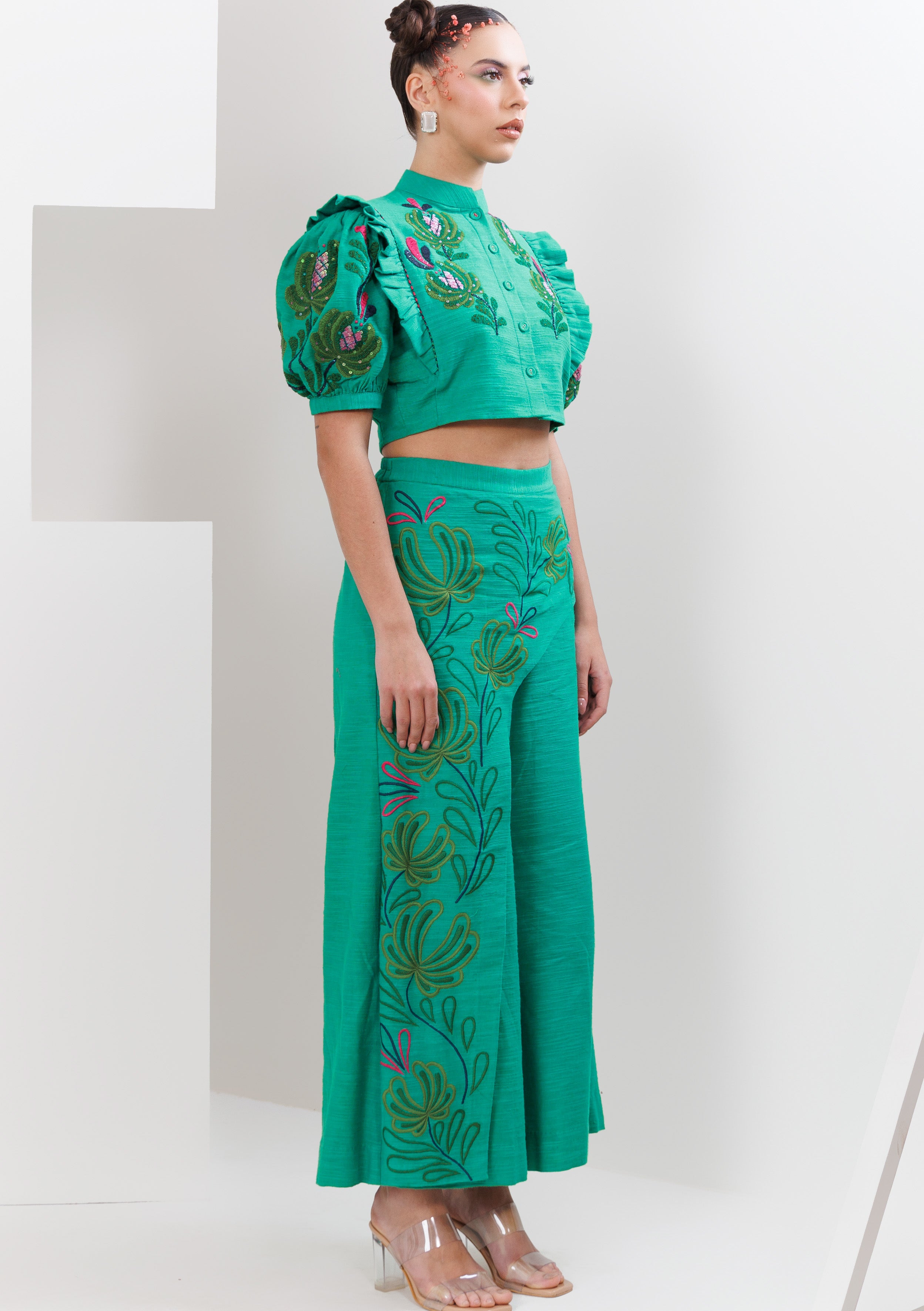 SHADOW BLOOM FLAP PANTS & BLOUSE SET - The Silk Love