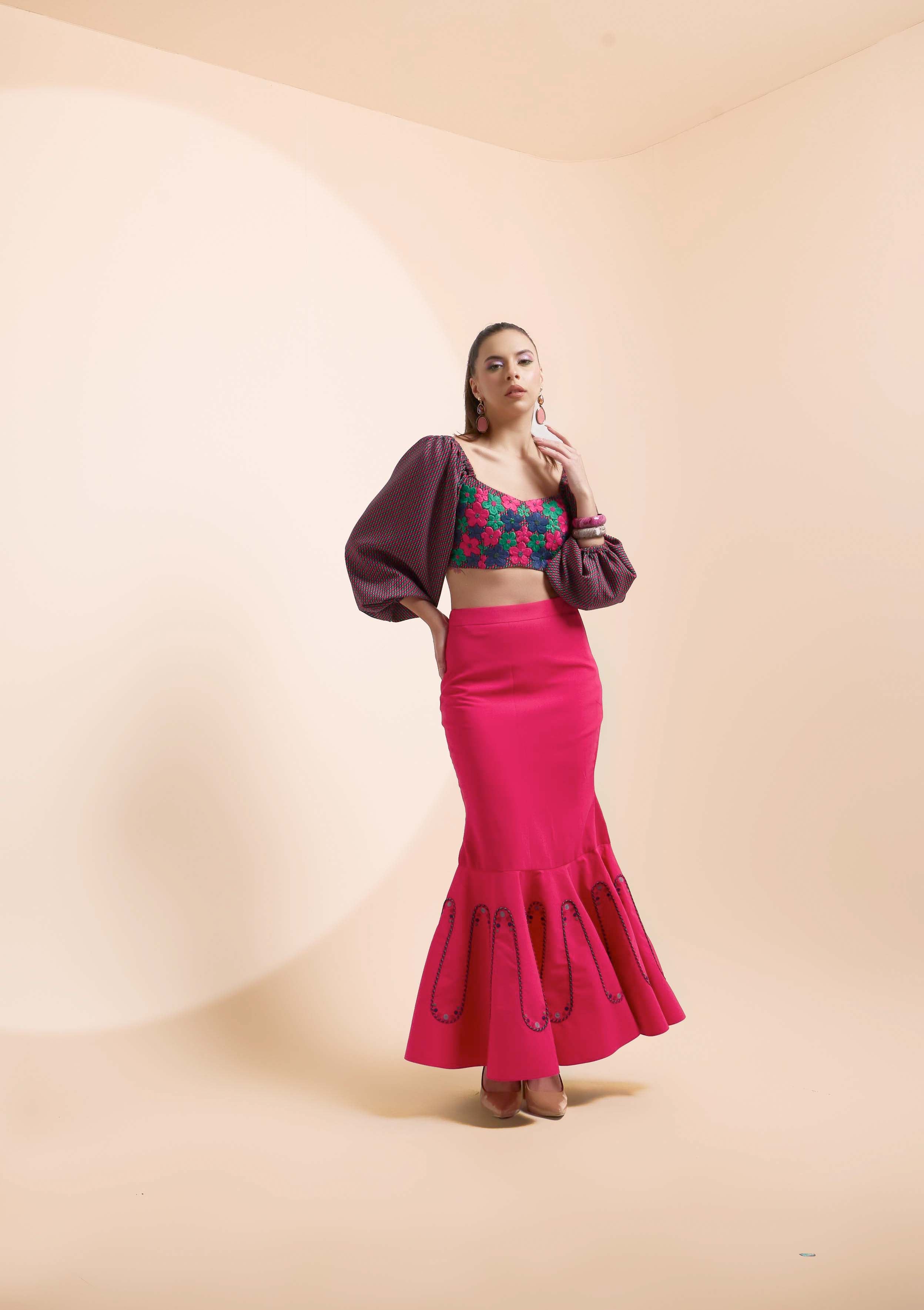 WAVES MERMAID SKIRT & POPPY CROP TOP SET - The Silk Love