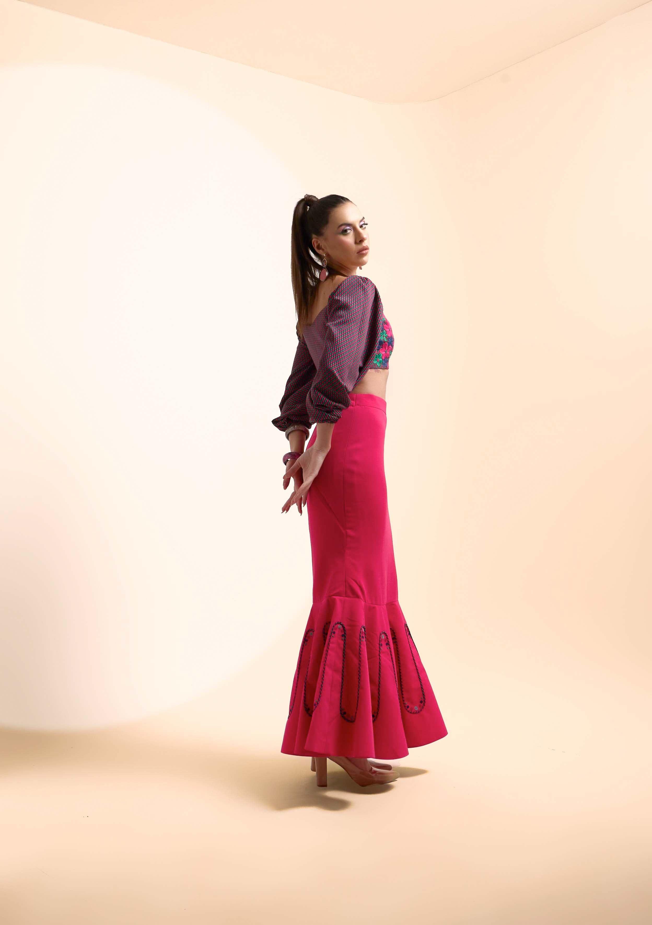WAVES MERMAID SKIRT & POPPY CROP TOP SET - The Silk Love