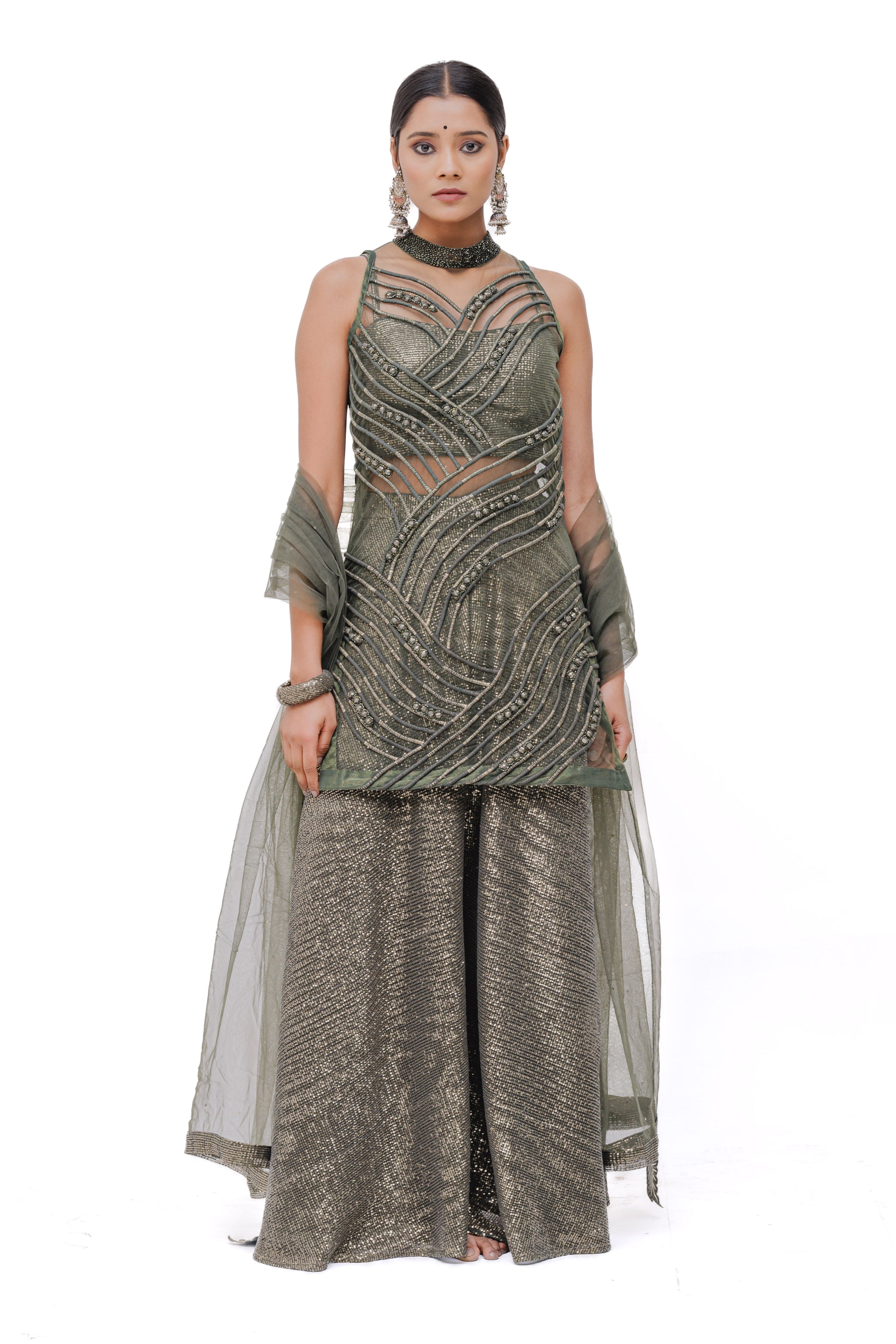 PEARL ZADE SHARARA SET  (olive)