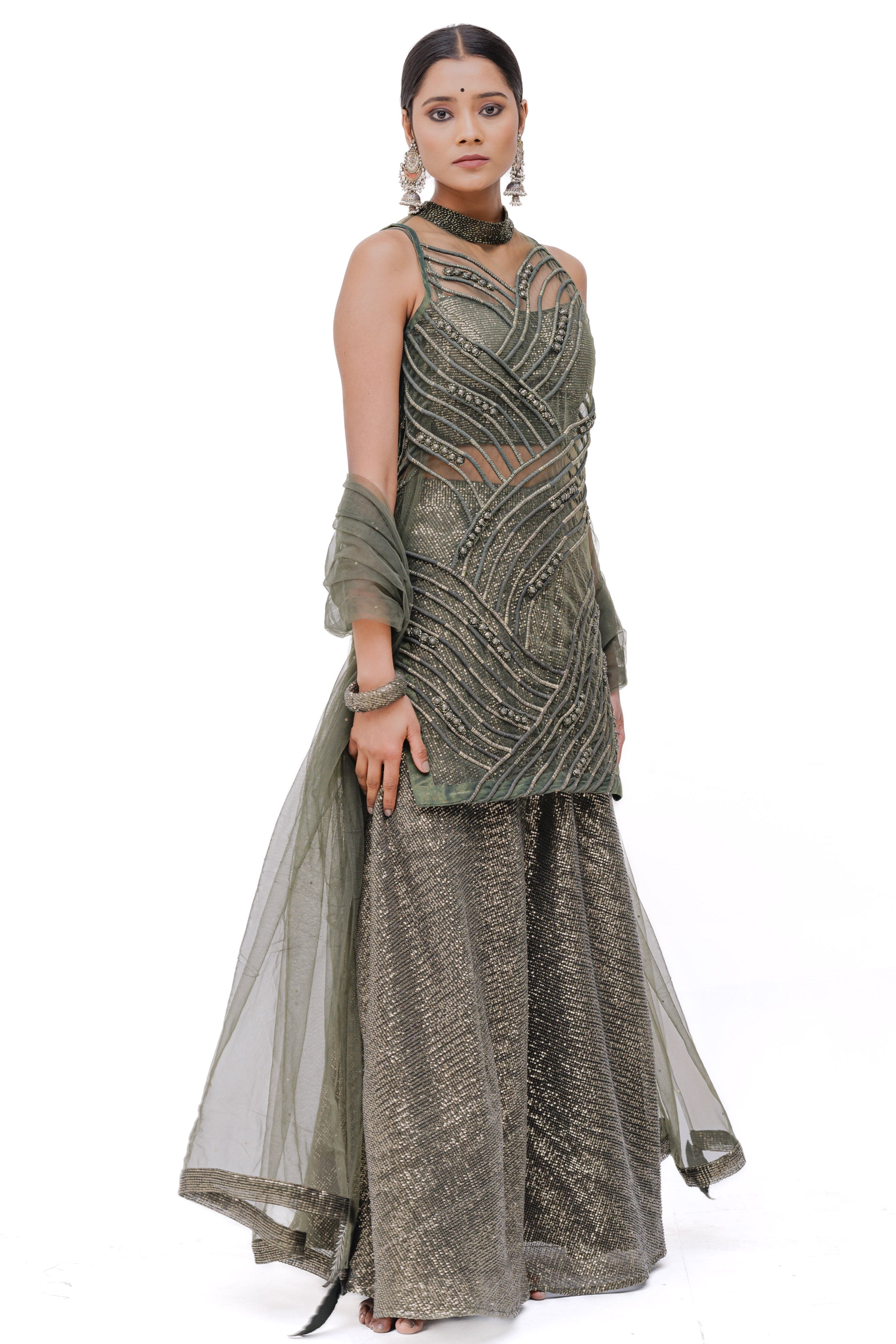 PEARL ZADE SHARARA SET  (olive)